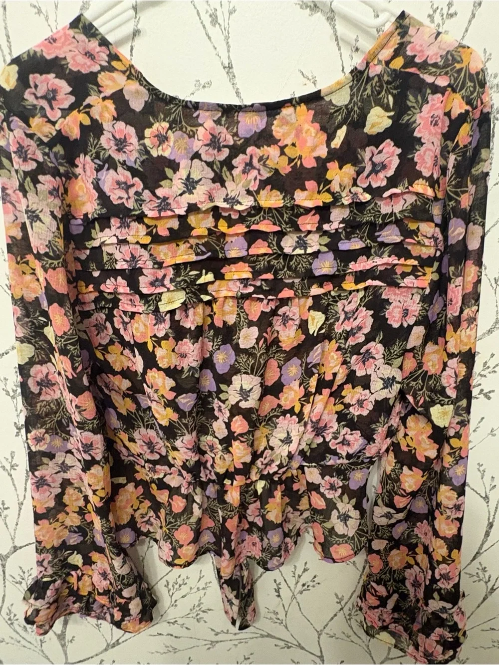 Free People Floral Peplum Top in Black with Pink & Lavender Blooms